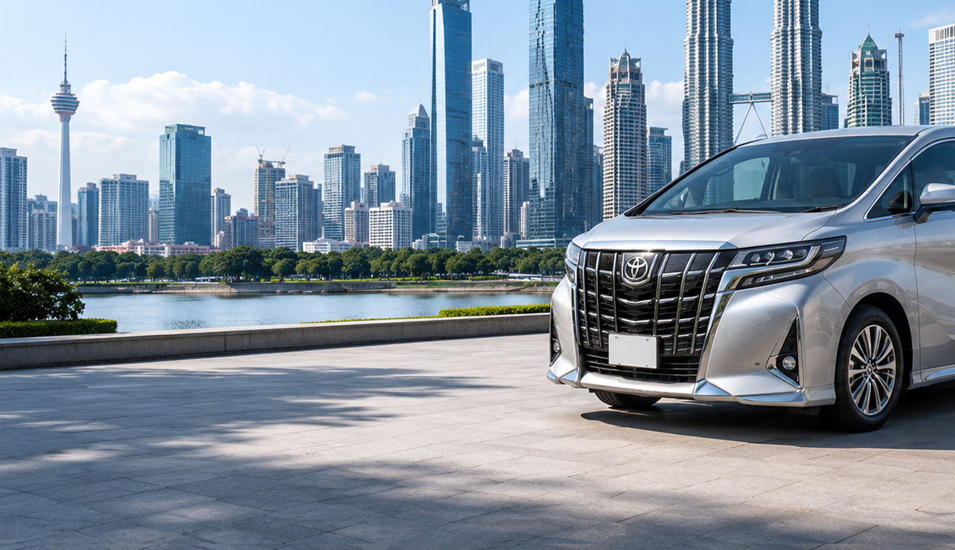 Luxury car against the Kuala Lumpur skyline
